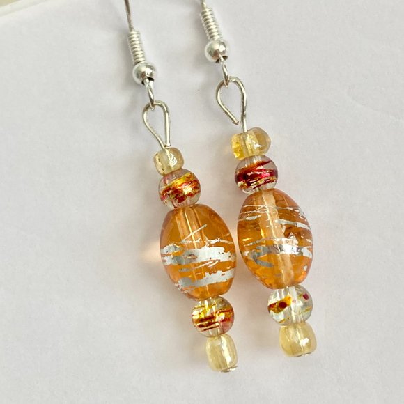 Peach Orange Murano Art Glass Earrings Bead Hand Painted Round Silver Plated - Picture 5 of 8